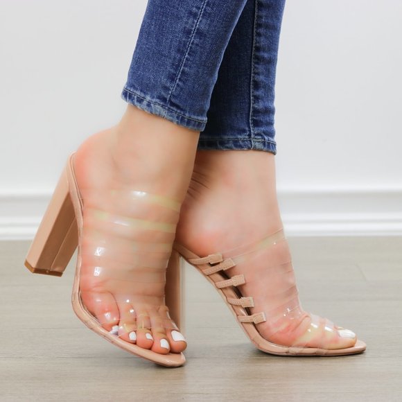 Nude & Clear Strappy Chunky Heel Open Toe Sandals - Picture 4 of 8